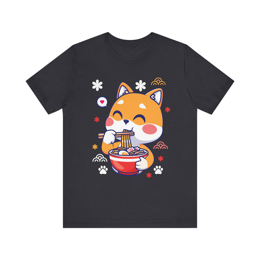 Cute Shiba Inu Noodle Lover Tee - Fun Graphic T-Shirt, Gift for Cat Lovers, Anime Style, Casual Wear, Foodie Fashion