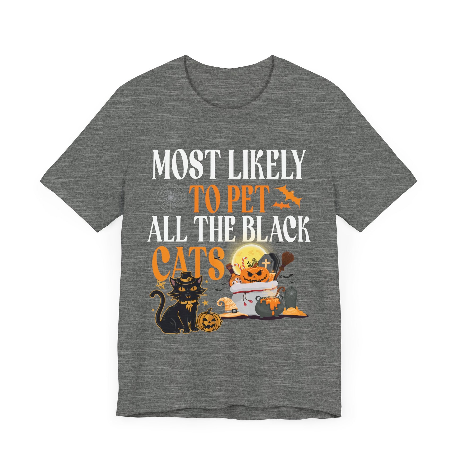 Halloween Cat Lover Tee – "Most Likely to Pet All the Black Cats" Unisex Jersey Short Sleeve T-Shirt