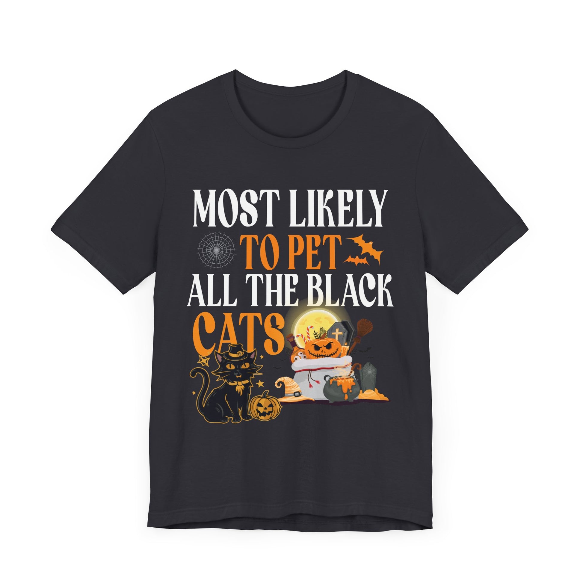 Halloween Cat Lover Tee – "Most Likely to Pet All the Black Cats" Unisex Jersey Short Sleeve T-Shirt