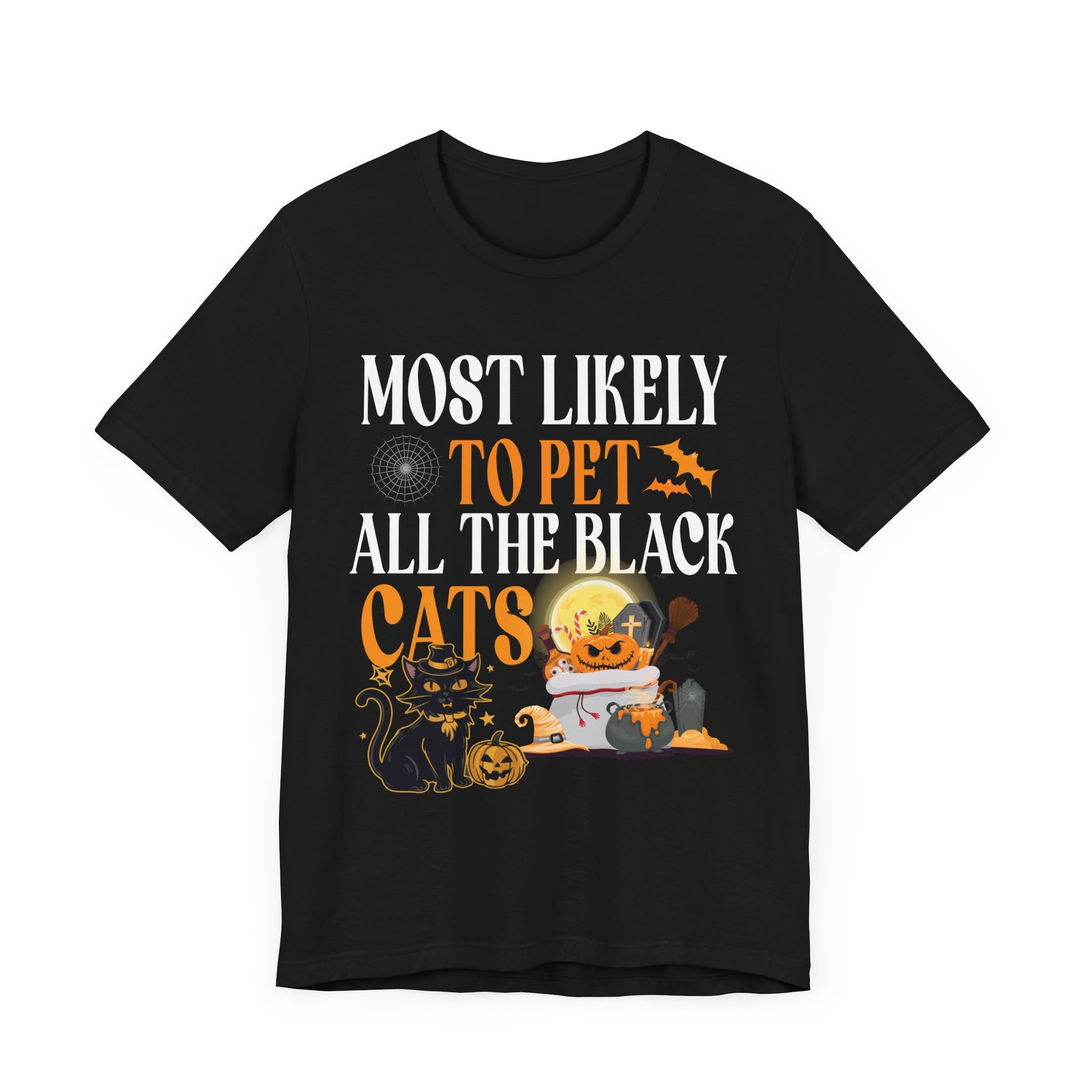 Halloween Cat Lover Tee – "Most Likely to Pet All the Black Cats" Unisex Jersey Short Sleeve T-Shirt