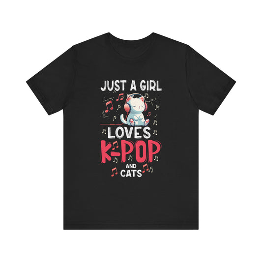 Just A Girl Who Loves K-Pop and Cats - Cute Anime Kawaii Cat T-Shirt Unisex Jersey Short Sleeve Tee