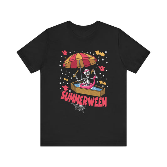 Fun Summerween Skeleton T-Shirt | Unisex Jersey Tee for Halloween and Summer Celebrations