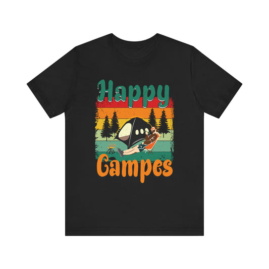 Funny Camping Hiking Lover Present Happy Camper T-Shirt Unisex Jersey Short Sleeve Tee